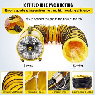 VEVOR Pivoting Utility Blower Fan 16 in. 1100 Watt High Velocity Ventilator with 16 ft. Duct Hose for Jobsite Fume Exhausting GYGFJST16CSSCD5M1V1