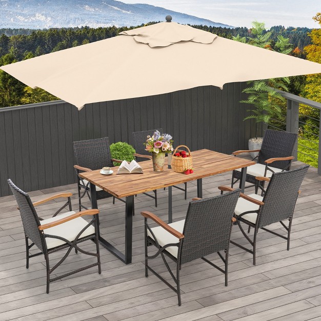 Costway 7 Pcs Patio Rattan Dining Set Acacia Wood Table 6 Wicker Chairs With Umbrella Hole