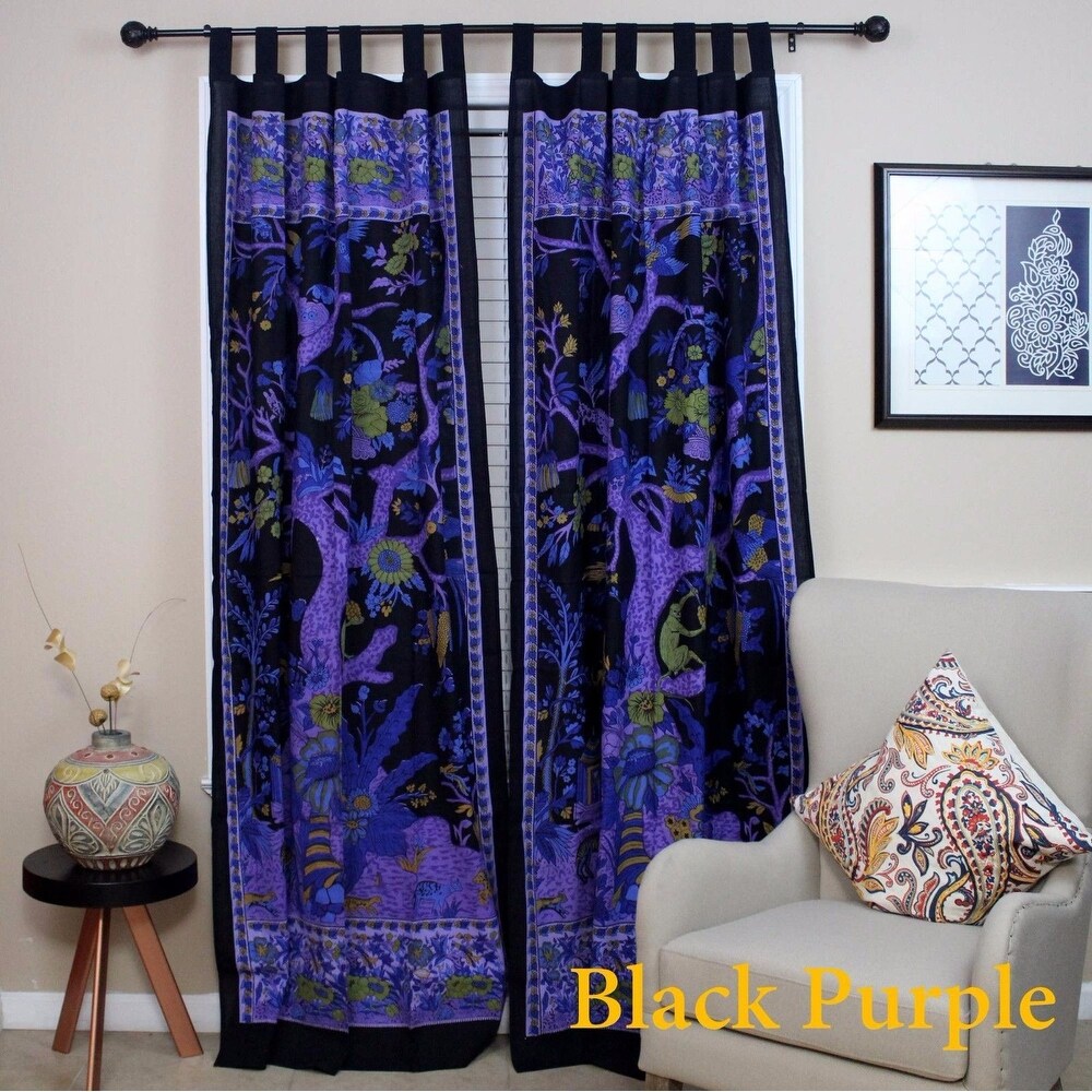 Handmade Cotton Tree of Life Tab Top Curtain Drape Panel   44 x 88 inches