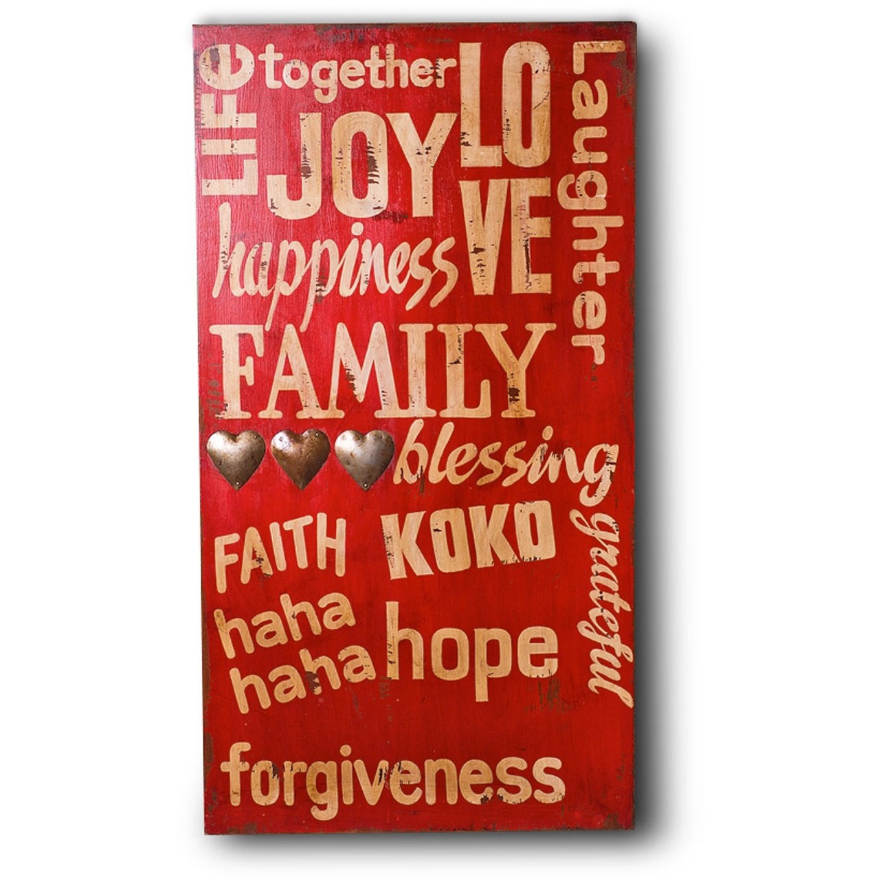 Red Joy Happiness Family Wooden Wall Hanging In Antique Red