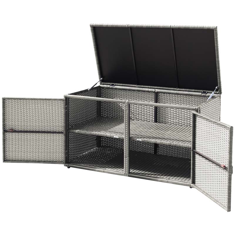 88 Gallon Patio Wicker Storage Box Rattan Deck Bench with Openable Door