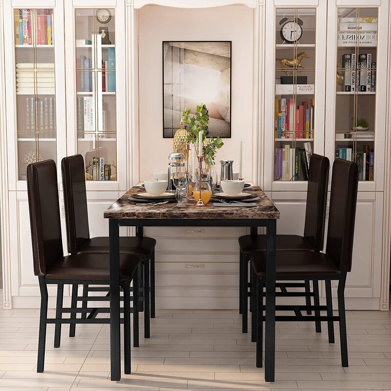 Modern Kitchen Dining Table Set for 4  Faux Marble Dining Set with 4 PU Leather Upholstered Chairs for Living Room  Kitchen