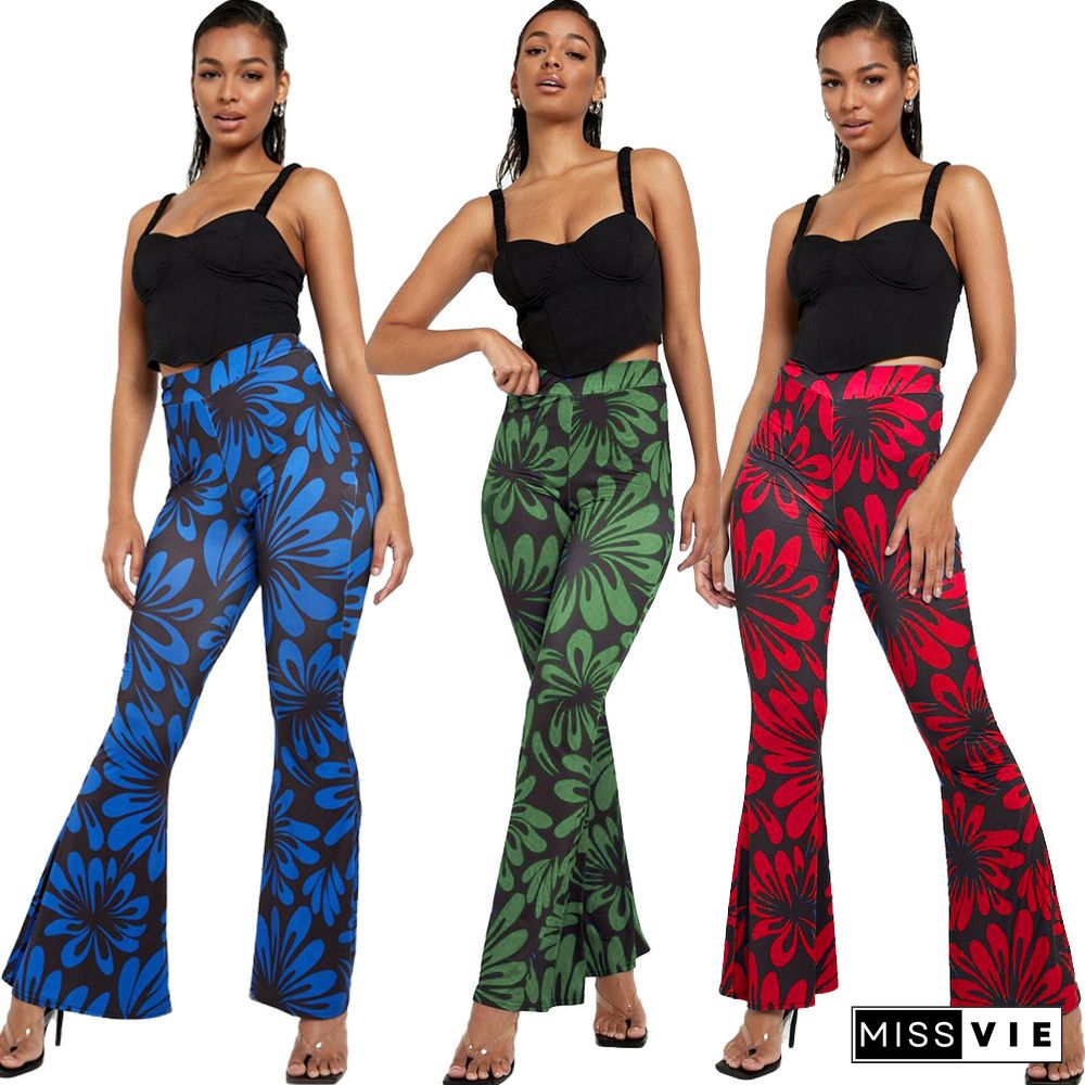 Floral Print High Waist Flared Long Pants