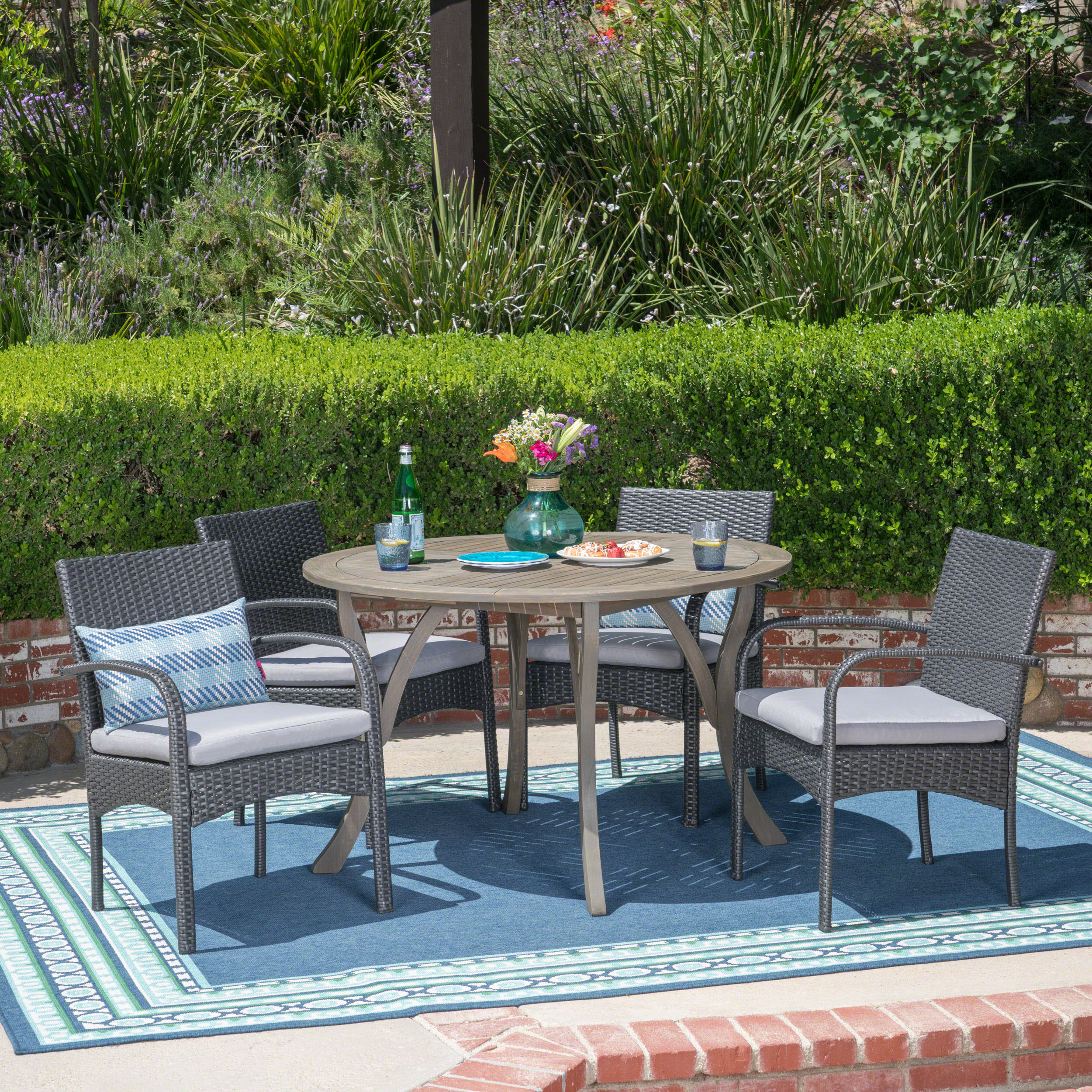 Jaden Outdoor 5 Piece Acacia Wood and Wicker Dining Set