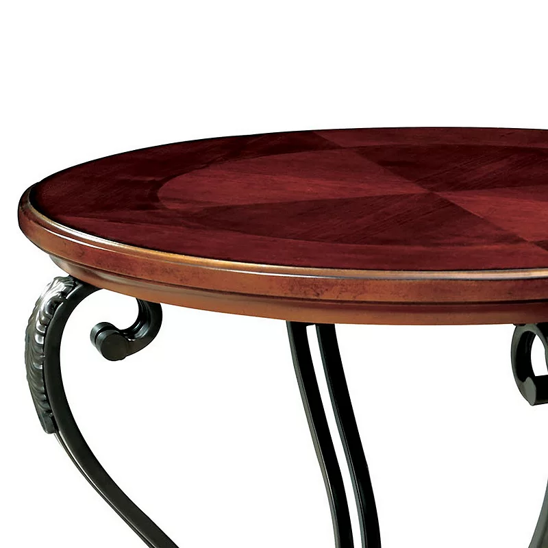 Round Wood and Metal End Table with Scroll Details， Brown