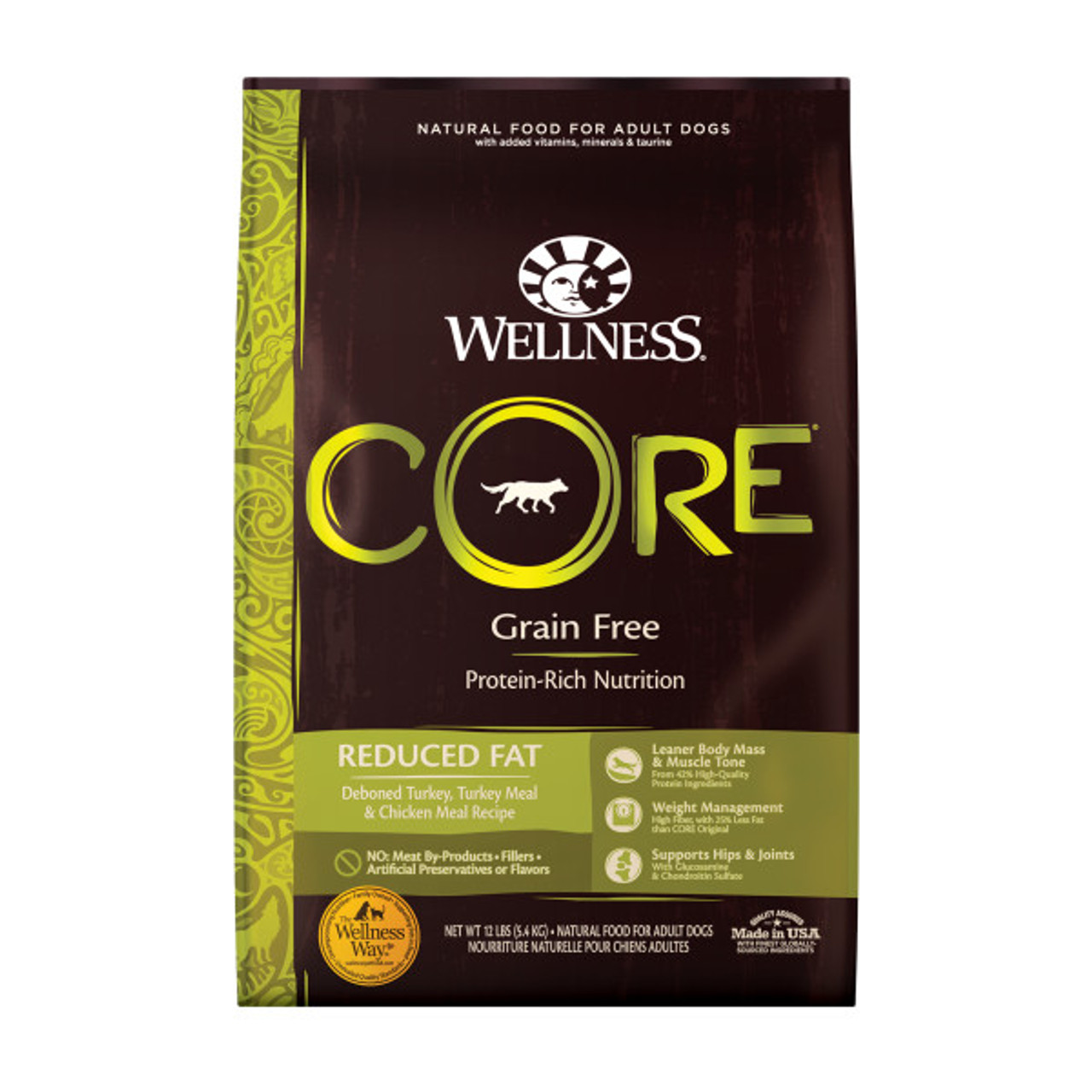 Wellness Core Grain-Free Reduced Fat Turkey and Chicken Recipe Dry Dog Food， 12 Lb. Bag