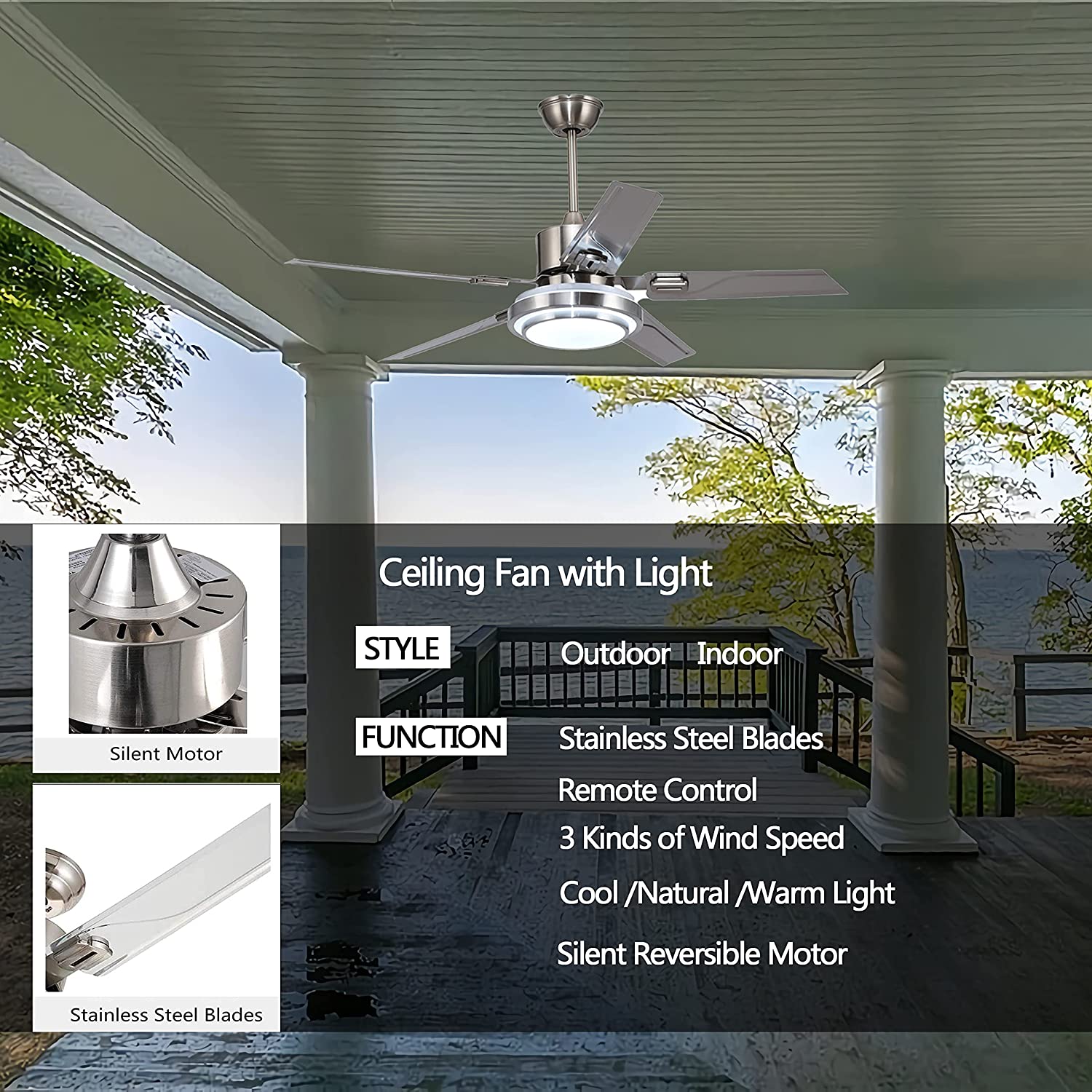 52 inch Ceiling Fan Light，Remote Control Patio Ceiling Fan with 5 Reversible Stainless Steel Blades， Ceiling fan with LED Light for Pavilion，Warehouse Ceiling fan farm Fan Barn Fan