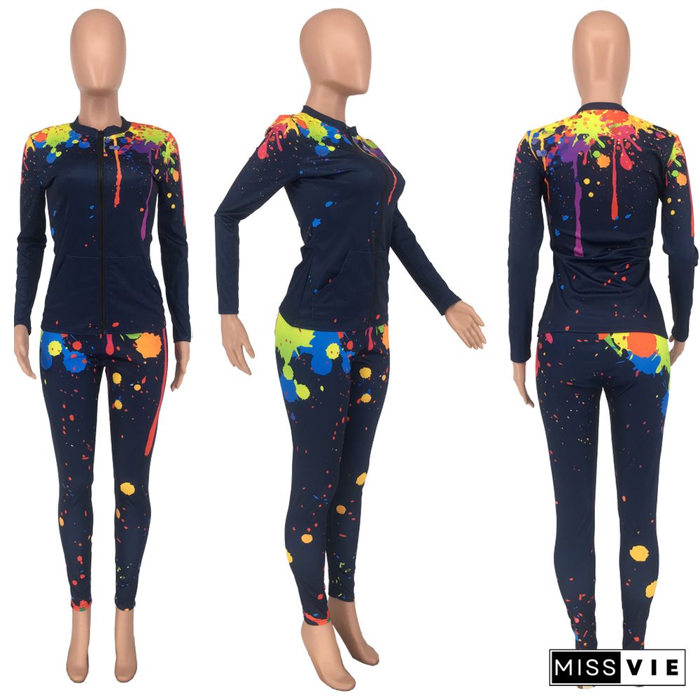 Ink-jet Printed Long Sleeve Blazer Skinny Pants Two-piece Set