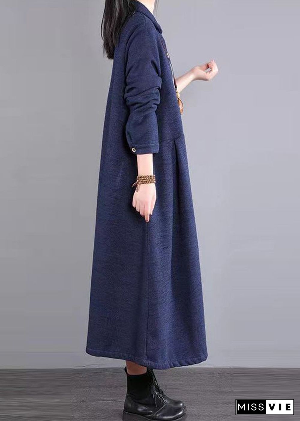 Casual Navy Peter Pan Collar Patchwork Warm Fleece Long Dress Winter