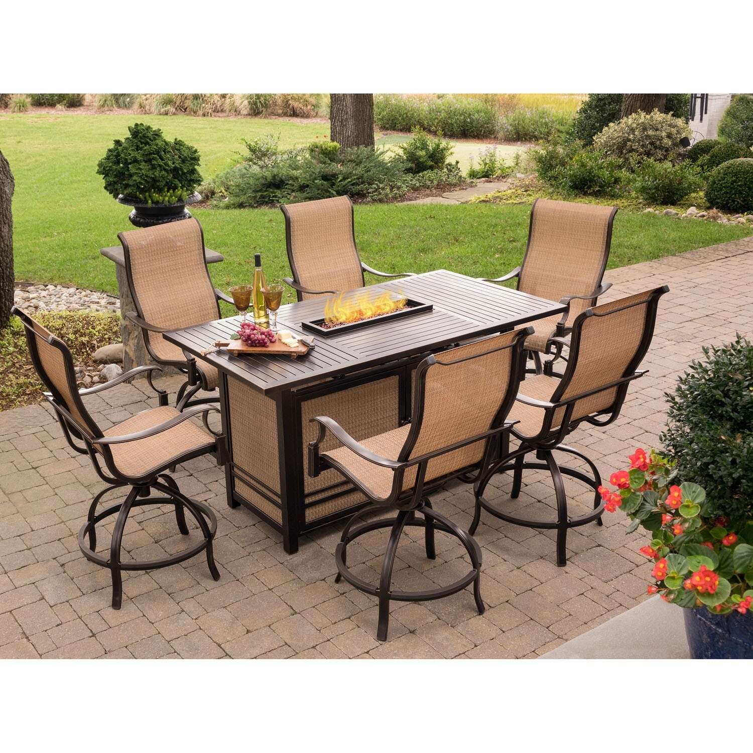 Hanover Monaco 7 pc Bronze Aluminum Swivel and Sling Fire Pit Set