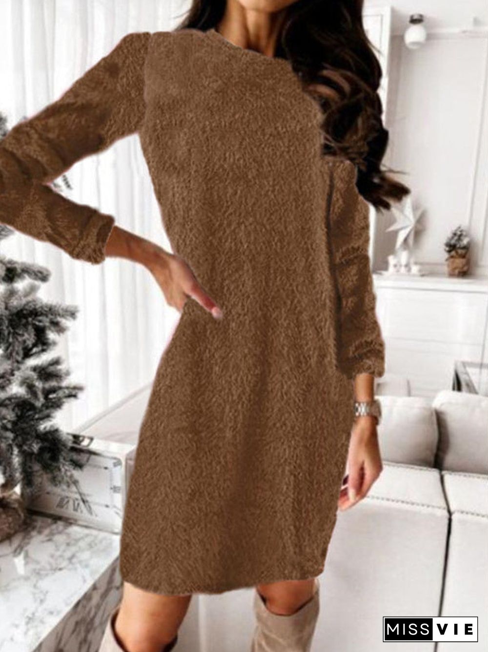 Women Seawter Long Sleeve Scoop Neck Knit Mini Dress