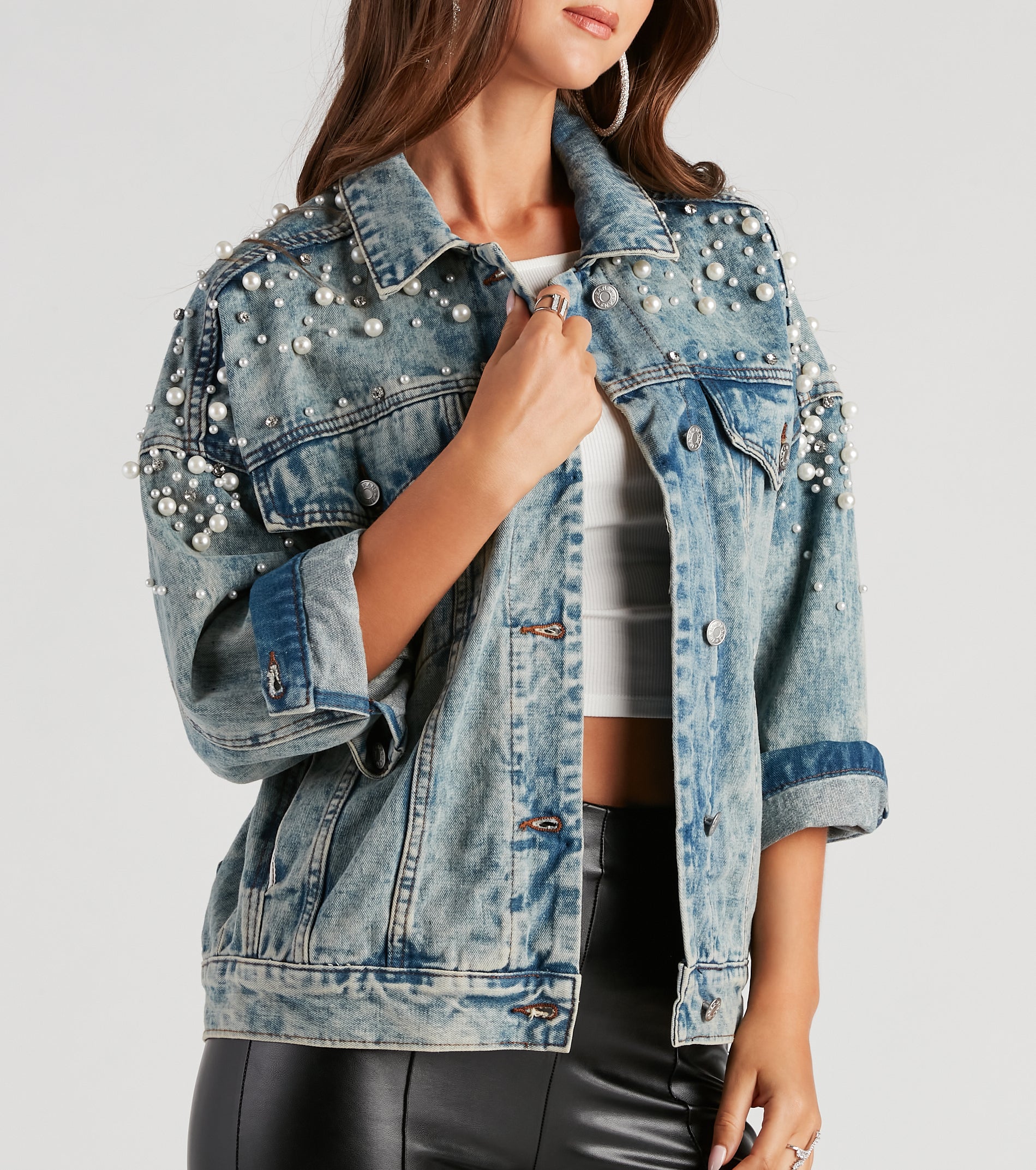 Perfect Pick Pearl And Rhinestone Denim Jacket