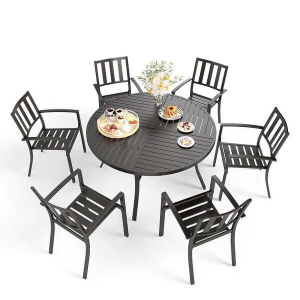 MAISON ARTS 7 Pieces Outdoor Dining Set for 6，Large Round Dining Table with Umbrella Hole and Stackable Metal Chairs