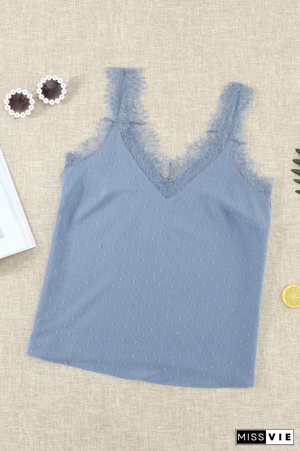 Sky Blue Eyelash V Neck Cami Tank Top