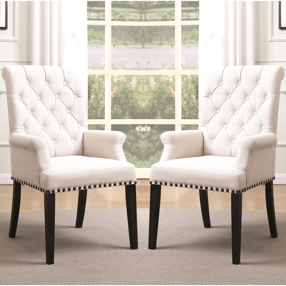 Decorative Rolled Button Beige Tufted Arm Chair with Nailhead Trim