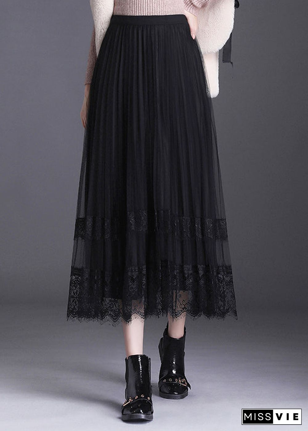 French Black Lace Patchwork Pleated Wear on both sides Fall Skirt