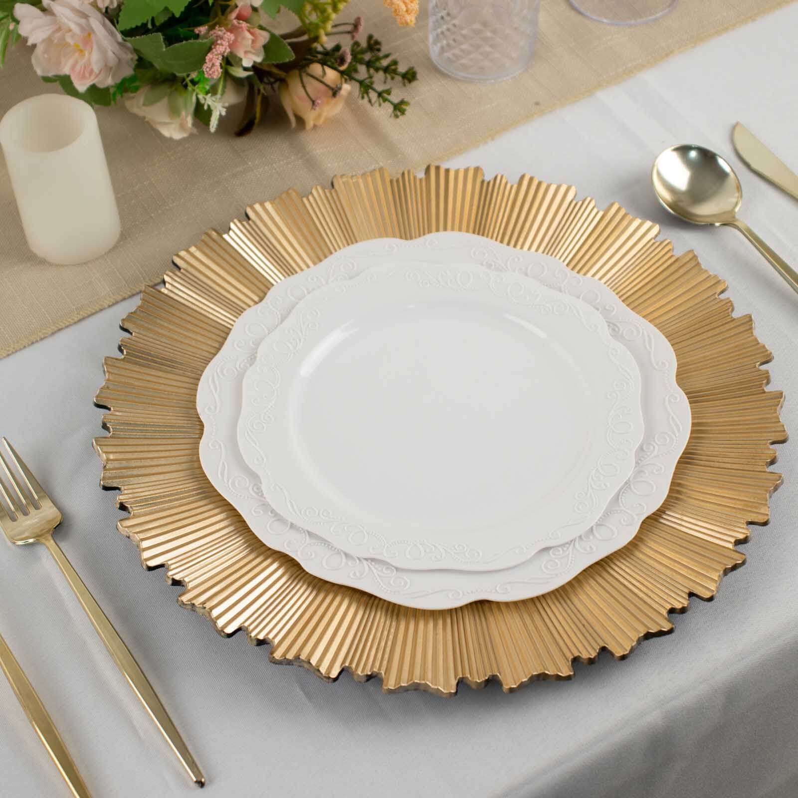 6 Pack Metallic Gold Sunray Acrylic Plastic Serving Plates, Round Scalloped Rim Disposable Charger Plates 13