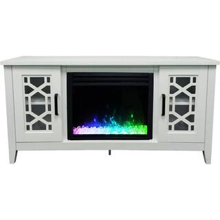 Hanover Arcadia Mid-Century 55.9 in. W Freestanding Electric Fireplace TV Stand in White with Multi-Color Crystal Insert FS5414-1BWTCS