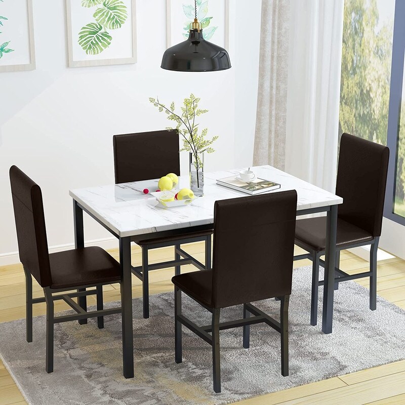 Mieres 5 Pieces Faux Marble Dining Table Set with 4 Upholstered PU Leather Chairs