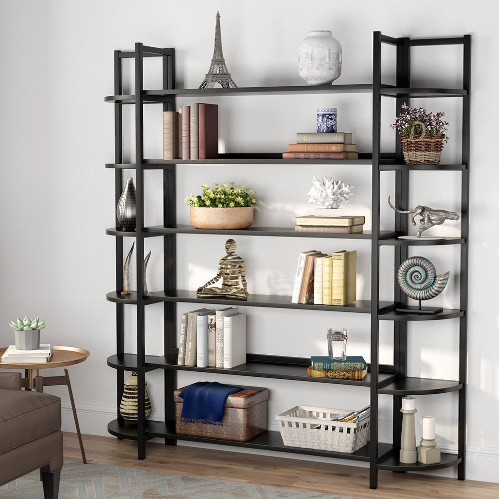 Modern Triple Wide 6 Shelf Bookcase Large Etagere Bookshelves and Double Wide Bookshelf Display Shelves