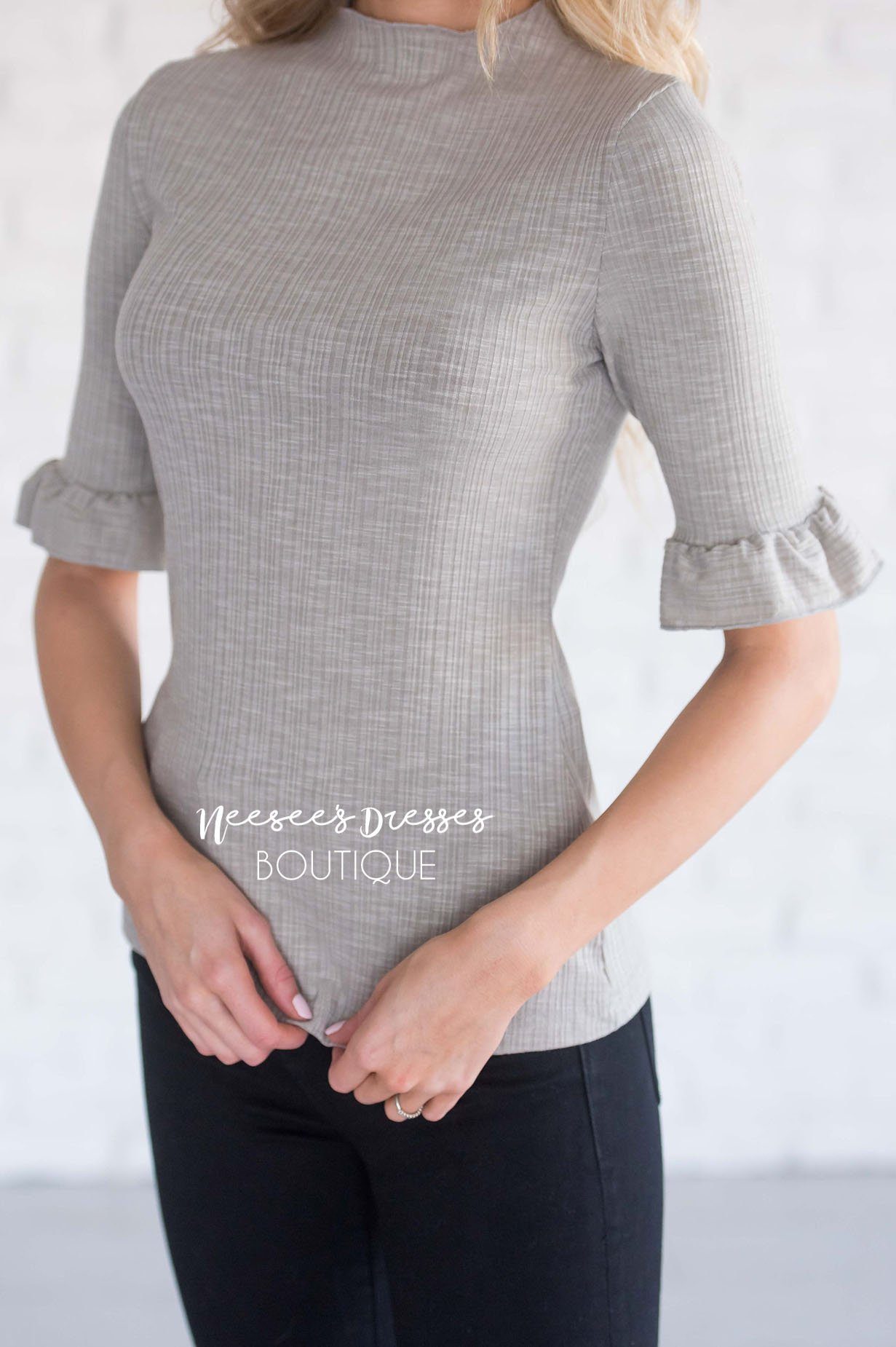 Ribbed High Neck Bell Sleeve Top