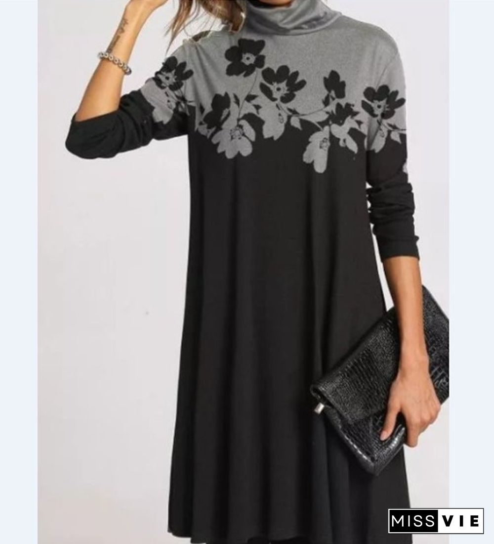 Printed Half-turtleneck Long Sleeve Dress Black Dresses