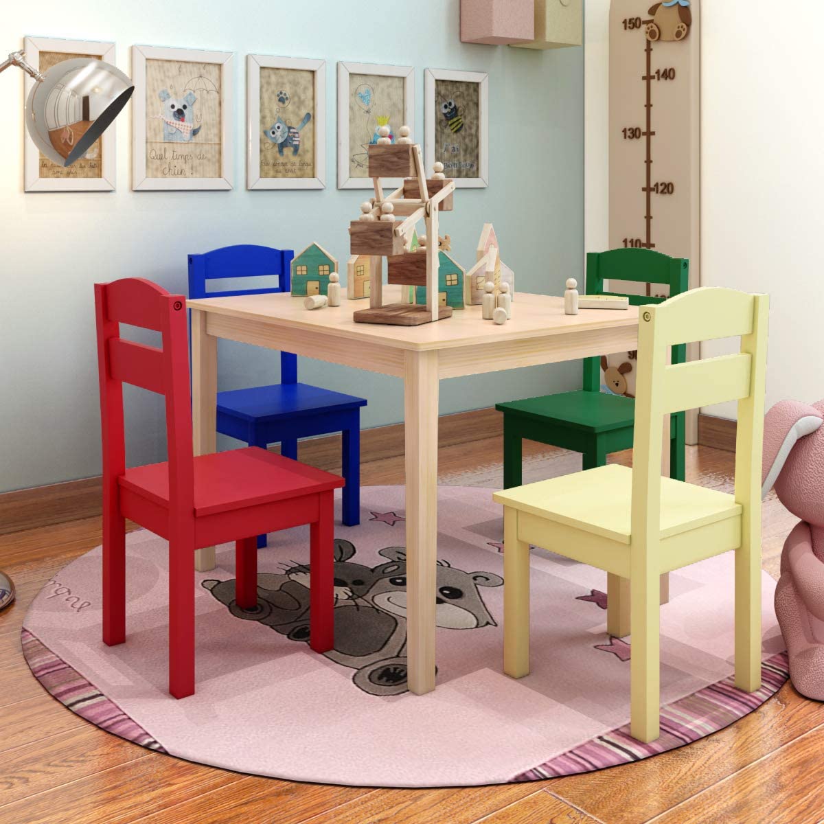 Kids Table and Chair Set, 5 Piece Wood Activity Table & Chairs for Children Arts Crafts