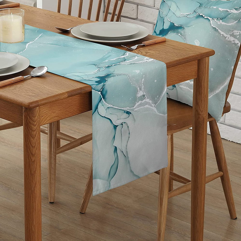 Marble Aqua Table Runner Teal Turquoise Table Runners for Dining Room Kitchen， Wedding， Holiday Party Table Decor 13x72