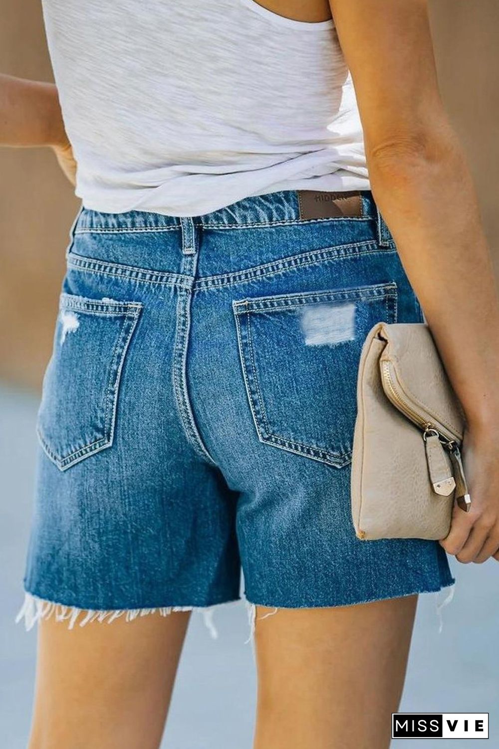 Denim Middle Waist Irregular Ripped Shorts