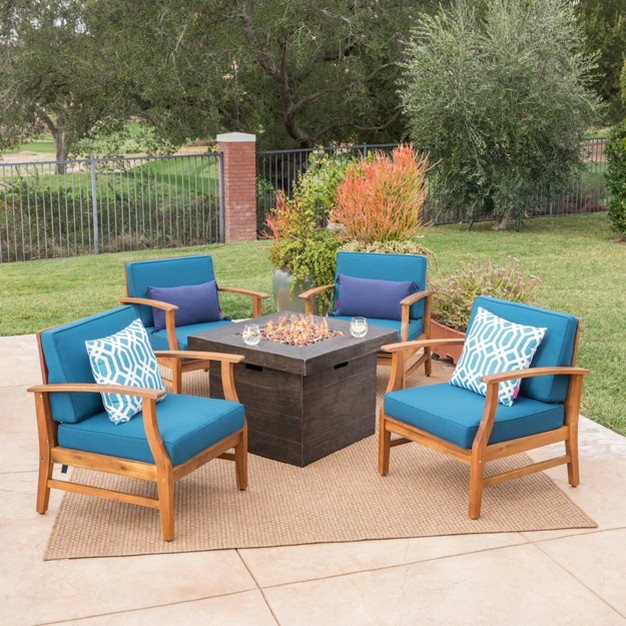 Kourtney 5pc Acacia Wood Club Chairs amp Fire Pit Teak blue brown Christopher Knight Home