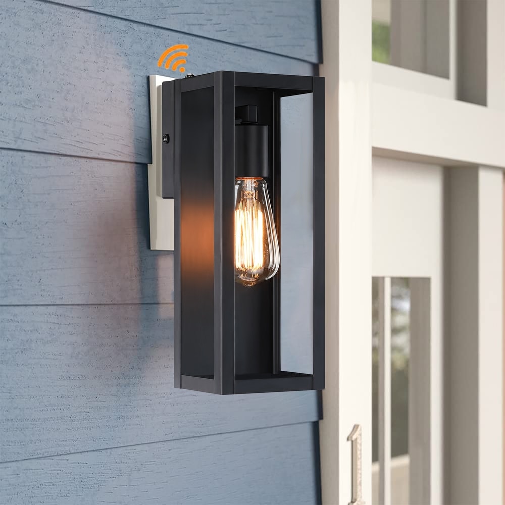 1 Light 13.15 in Outdoor dusk to dawn sensor Wall Light with Matte Black Finish   Clear glass shade   Middle