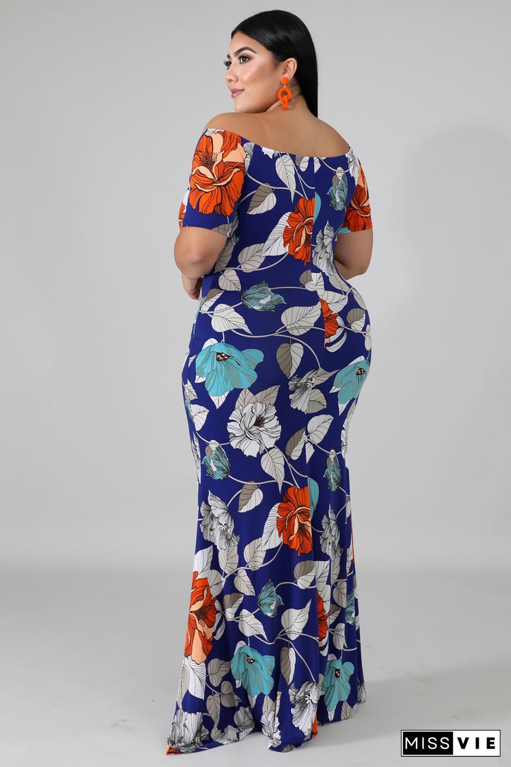 Blue Off-the-shoulder Floral Print Plus Size Maxi Dress