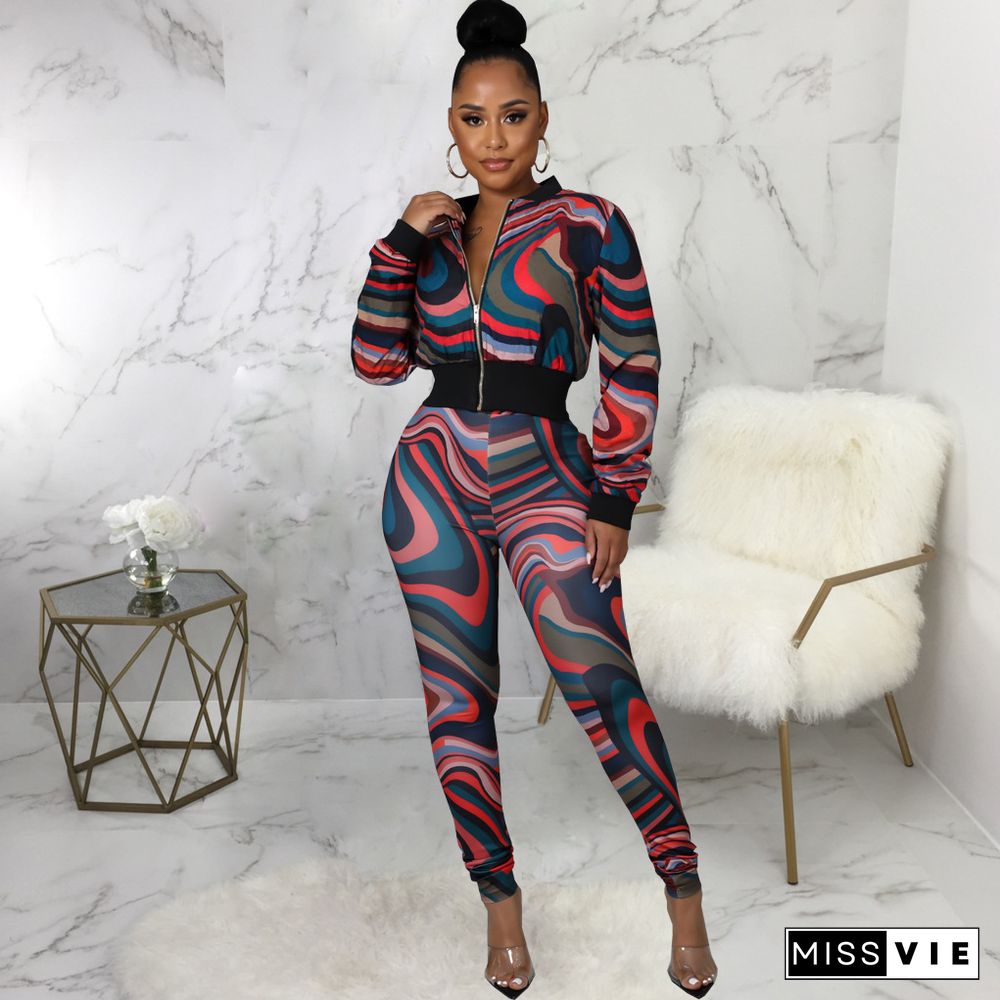 Printed Long Sleeve Zipper Jacket And Pant Suits