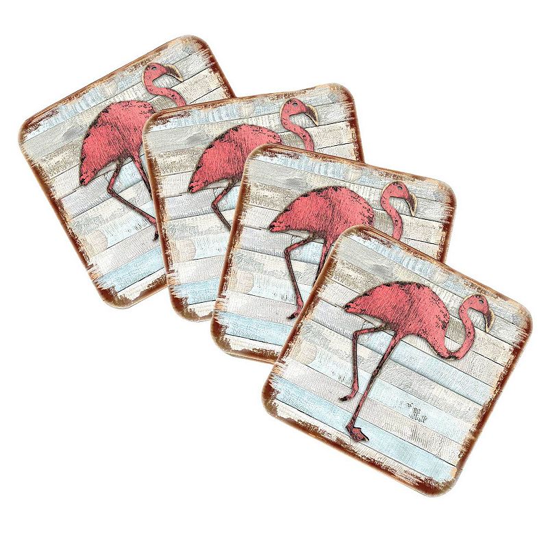 Flamingo Coastal Wooden Cork Coasters Gift Set of 4 by Nature Wonders