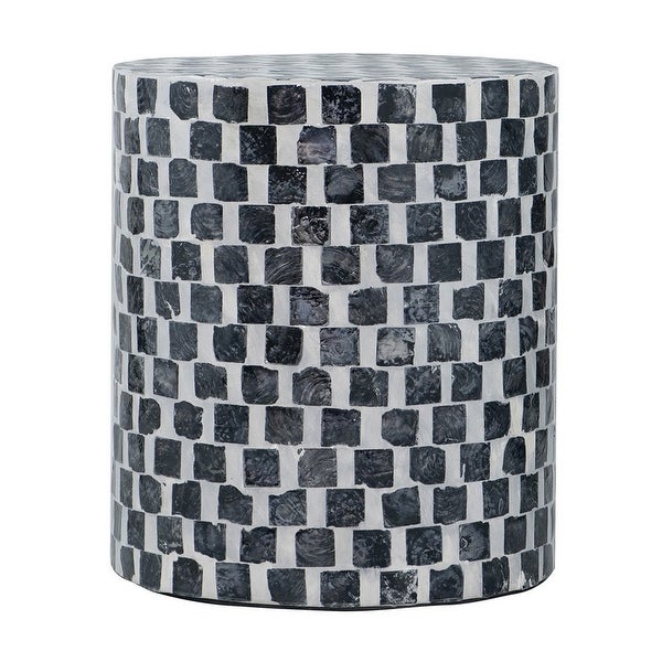 16 Inch Accent Stool Table， Drum Shape， Wood With Mosaic， White， Black