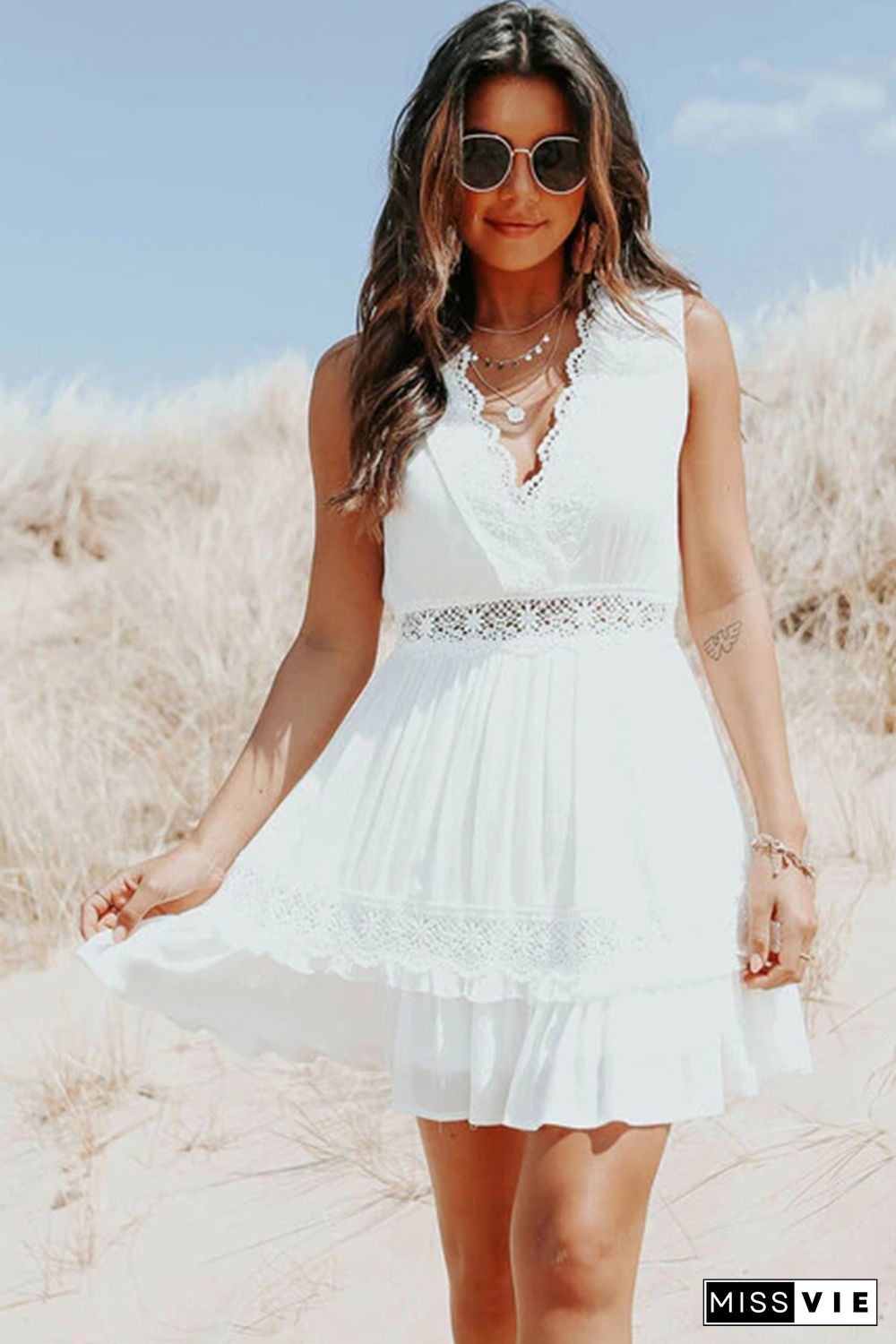 White Lace Crochet Flounce V Neck Sleeveless Mini Dress