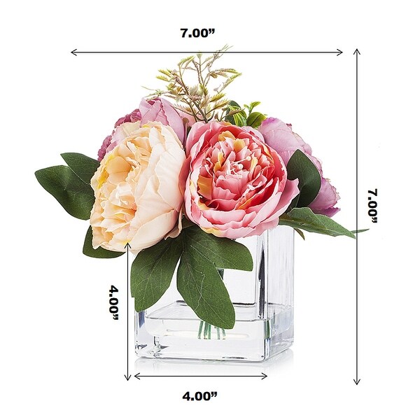 Enova Home Artificial Silk Peony Fake Flowers Arrangement in Clear Glass Vase with Faux Water for Home Office Decoration