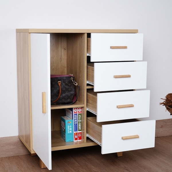 Dresser Bedroom Storage Drawer Organizer Closet Hallway Storage Cabinet with 1 Door 4 Drawers， Wood Dresser Chest - - 36089864