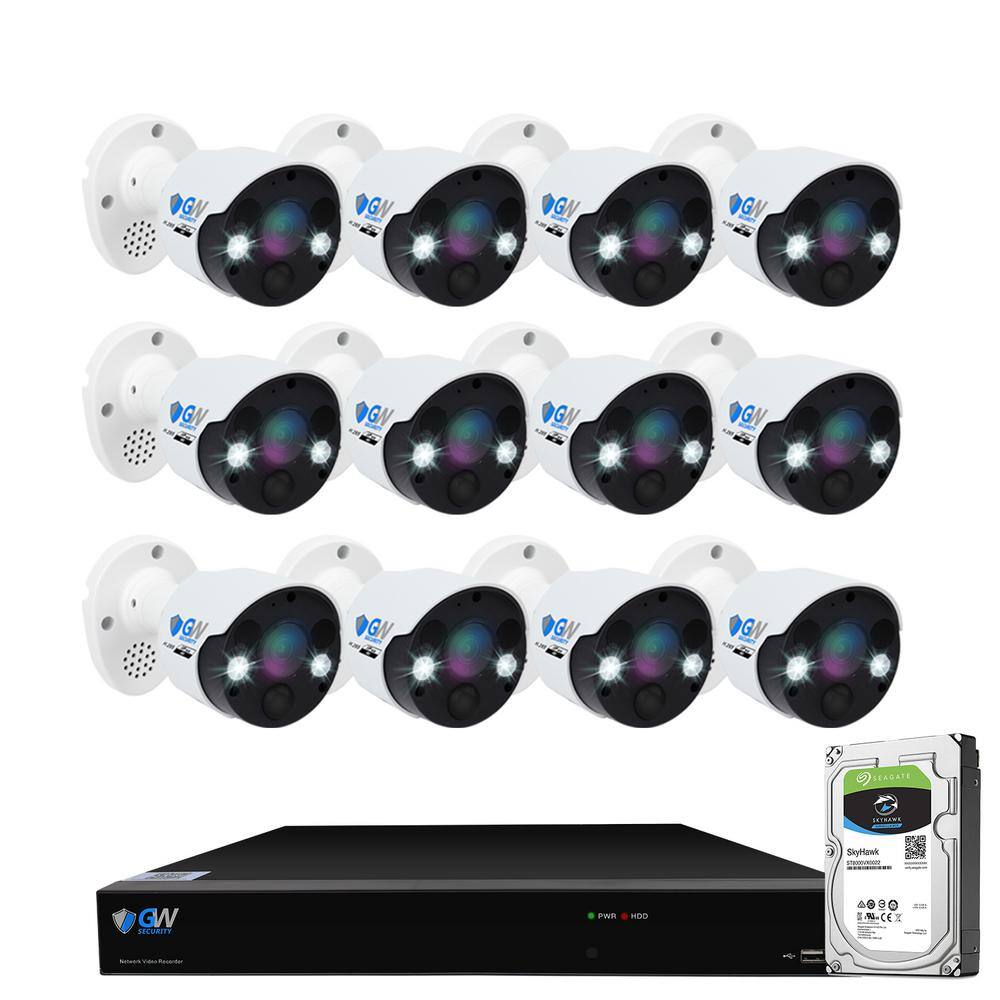 GW Security 16-Channel 8MP 4TB NVR Security Camera System with 12 Wired Bullet Cameras 3.6 mm Fixed Lens 2-Way Audio Spotlight GW8538IP12-4T