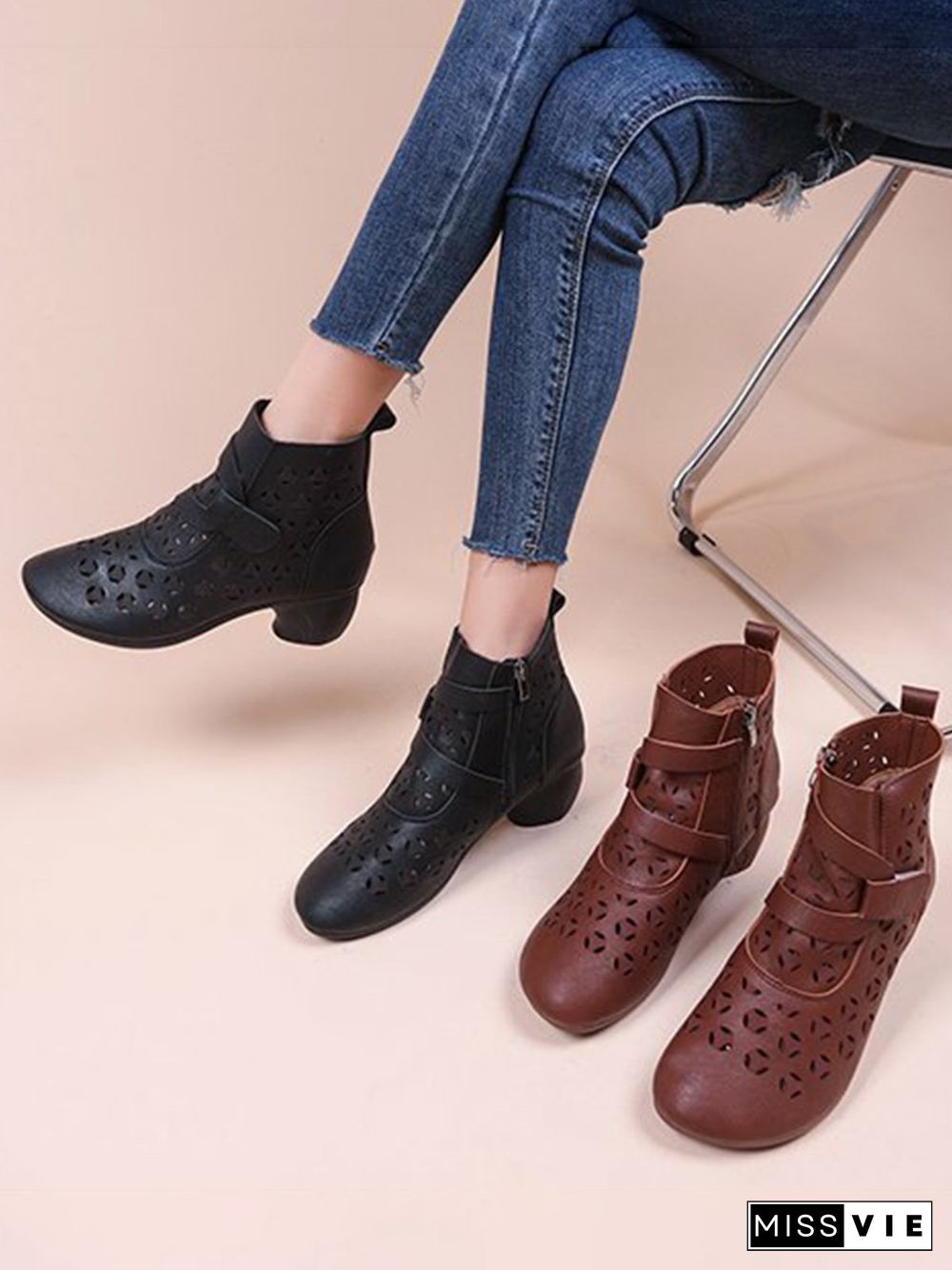 Vintage Cutout Chunky Heel Boots