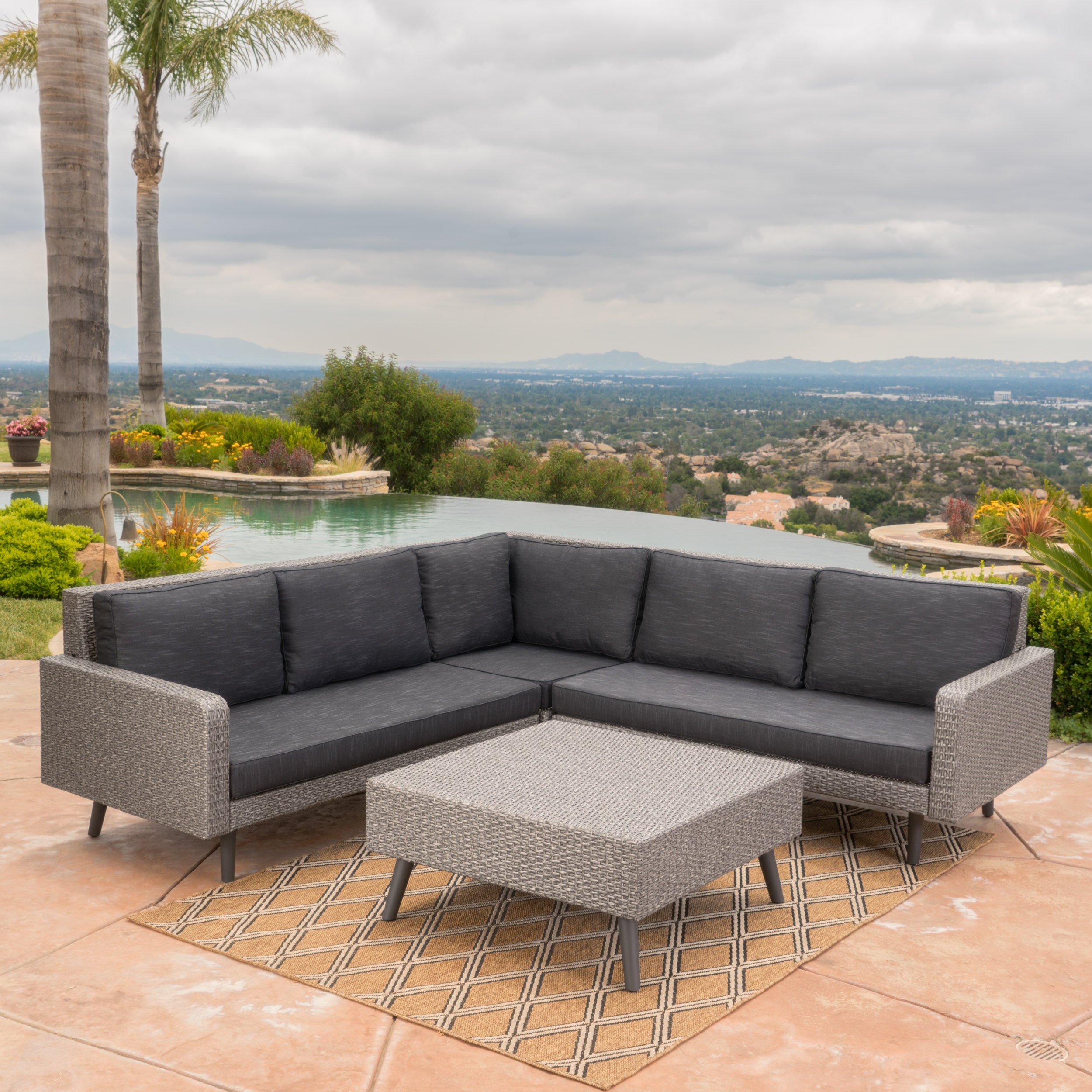 Hensley Outdoor Wicker 5 Seater Sectional Sofa Chat Set with Cushions, Mixed Black and Dark Gray