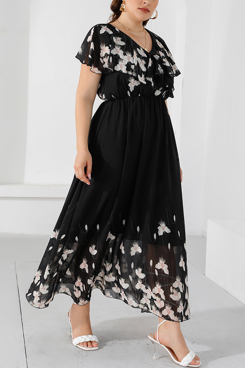 Plus Size Floral Print V Neck A Line Maxi Dresses