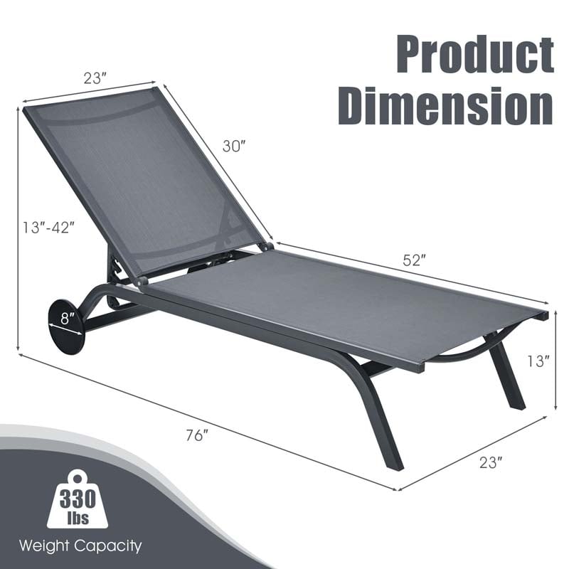 Aluminum Patio Chaise Lounge Chair with Wheels, 6-Position Fabric Outdoor Sun Lounger for Pool Beach Deck Yard