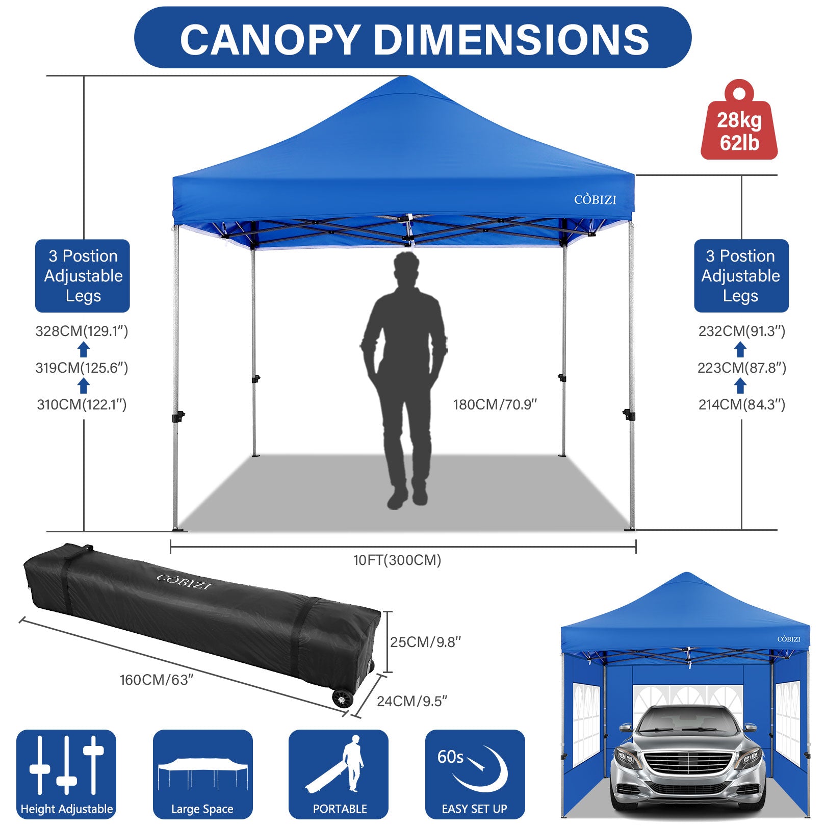 10 x 10ft Pop Up Canopy Tent Instant Outdoor Party Heavy Duty Canopy Straight Leg Commercial Gazebo Tent Shelter with 4 Removable Sidewalls, 4 Sand Bags, Roller Bag, Blue