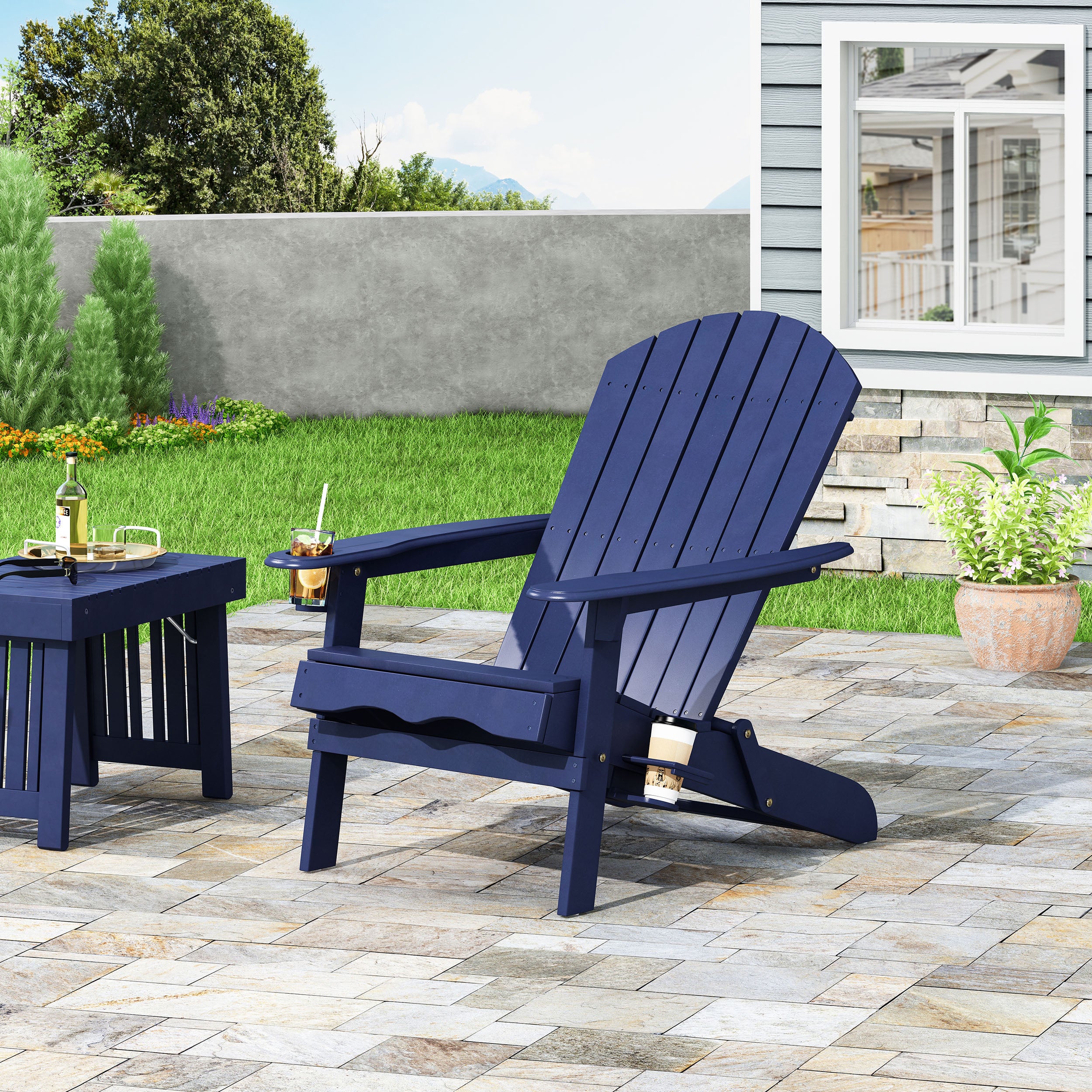 Kandyce Outdoor Acacia Wood Folding Adirondack Chair With Cup Holder