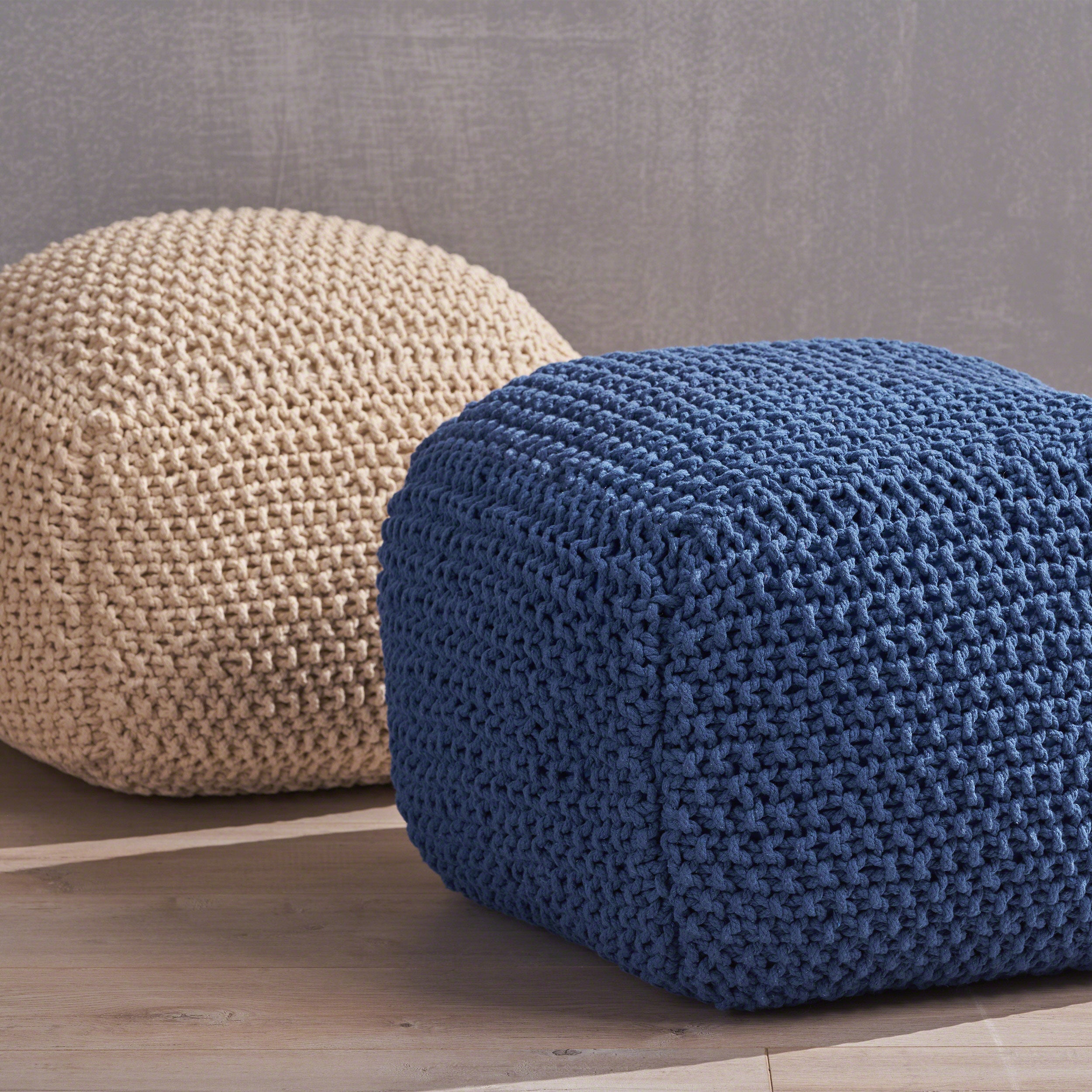 Knox Modern Boho Hand-Knitted Cotton Thread Pouf Foot Stool