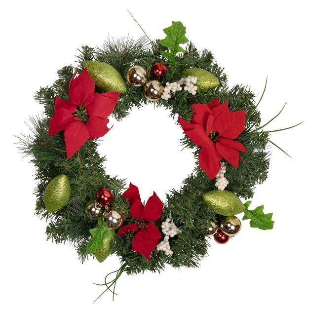 Northlight Decorated Red And Green Poinsettia And Pine Artificial Christmas Wreath 24 inch Unlit