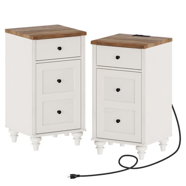 Set of 2 End Tables with Charging Station and Storage Cabinet， Off White