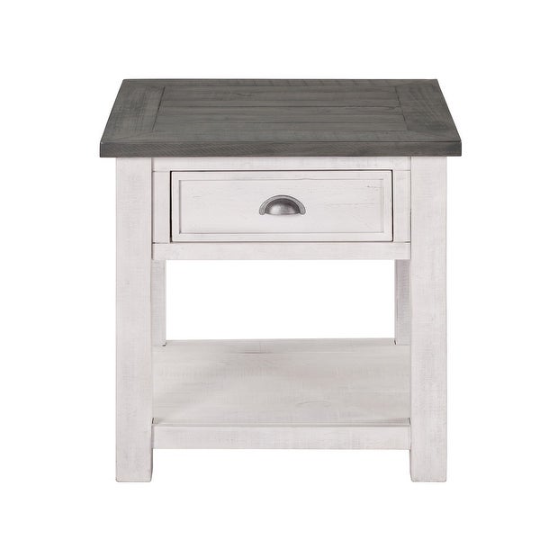 Coastal Style Square Wooden End Table with 1 Drawer， White and Gray