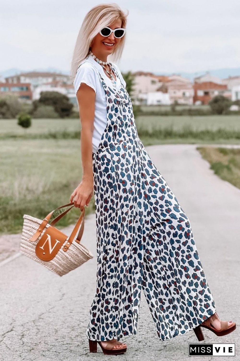 White Wide Leg Leopard Print Jumpsuit Overalls